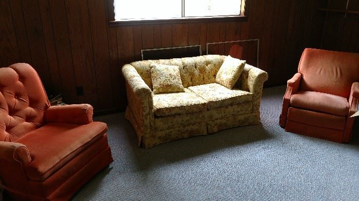 Small loveseat and 2 coral colored chairs