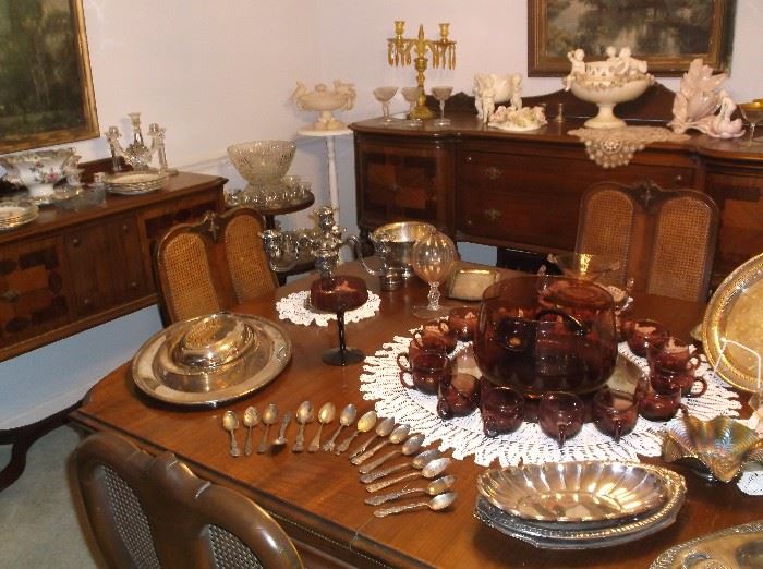 Amethyst glass punch bowl w/cups and ladle, sterling souvenir spoon collection,  and silverplate on outstanding dining table