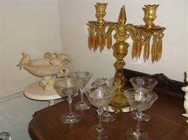 Imperial crystal candelabrum (one of pair), etched stems, and marble bird bath