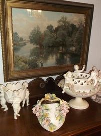 Old print over cherub center pieces and wall pocket