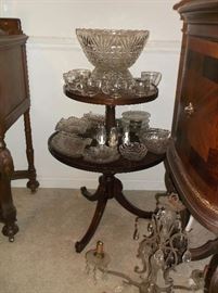 Two tier mahogany table w/pressed glass
