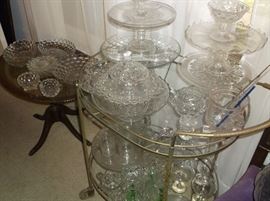 Pressed glass cake stands, round butter dish, Fostoria "American"