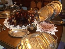 Silverplate trays, casseroles, etc. and amethyst punch bowl set