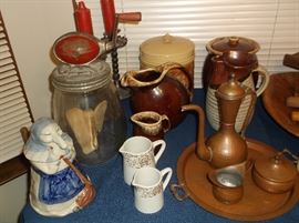 Kitchen witch cookie jar,    Dazy No. 4 gallon churn, copper coffee service, etc.