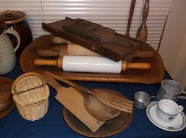 Large wooden dough bowl w/rolling pins, slicers, etc.