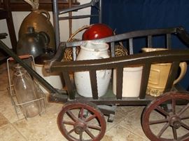 Small wooden cart w/pottery pitchers