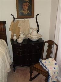 Serpentine front mahogany wash stand w/wash bowl set and print of boy in straw hat