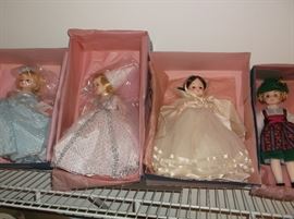 "Cinderella", "Fairy Godmother", "Snow White", and "Heidi" Madame Alexander dolls