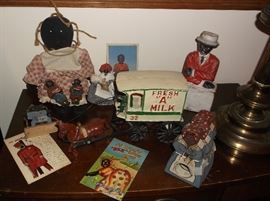 Cast iron horse drawn milk wagon w/milk bottles and bank