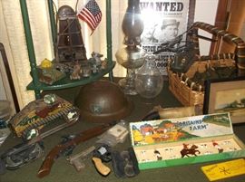 Toy tank, toy guns, helmet