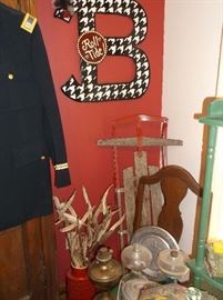 Metal and wooden sled, oil lamps, U of A houndstooth "B"