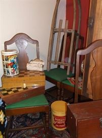 Chess sets and wooden sled