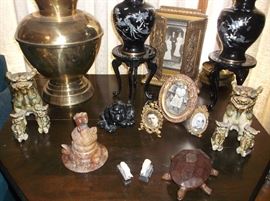 MOP inlaid vases on stands and Foo Dogs