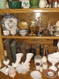 Milk glass, pottery, and antique Bibles