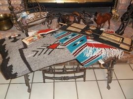 Bench w/cast iron legs and Native American rugs