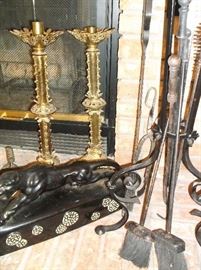 Ornate brass candlesticks 23" tall, black panther TV lamp, and fireplace tools