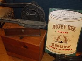Tobacco cutter and Honey Bee Snuff sign