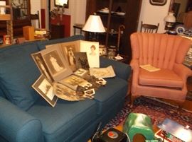 Love seat and channel back chair w/antique photos and tin types