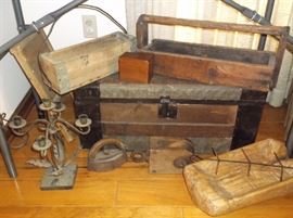 Antique trunk, dough bowl, and carpenter's tray