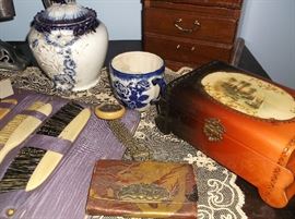 Celluloid jewelry box, tooled leather purse