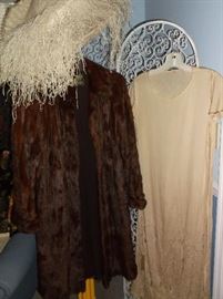 Vintage dress, four panel wrought iron screen, and vintage hat w/ostrich feathers