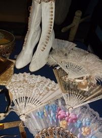 Antique high top button shoes and lace fans