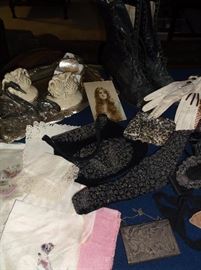 Silk handkerchiefs, embroidered belt and purse, black leather lace-up high top shoes