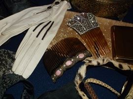Never worn leather gloves and hair combs w/rhinestones 