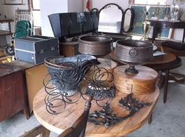 wooden cheese boxes, metal planters, wine rack, coal bucket