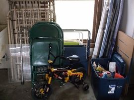 Metal crib, folding chairs, tiny bike
