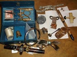 German sewing kit; signed Eisenberg rhinestone bracelet,;OES ring & pin; sterling thimble, bracelet, pin, & salt spoon; watch pin; celluloid airplane pin; Waterman pen; ID bracelet