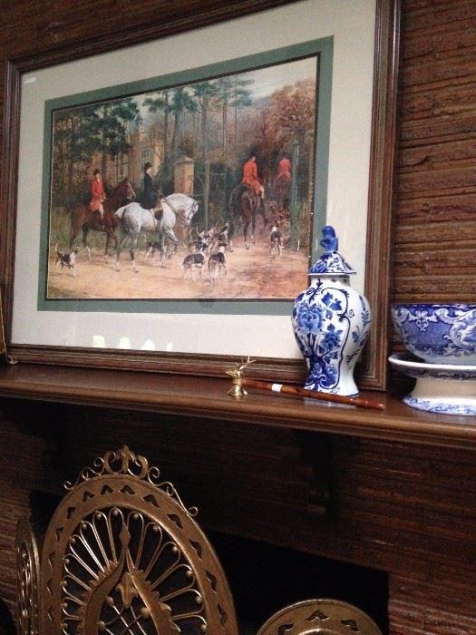 Hunt scene art  ("Evening - Returning to the Kennels"); unique fire screen; some of the many blue & white selections