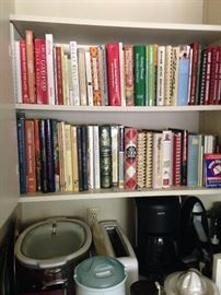 Many cookbooks and small appliances