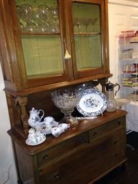 Antique buffet, punch bowl, and china selections