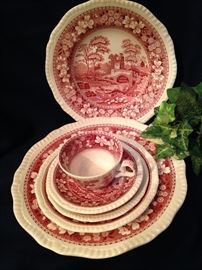 Fabulous English Spode "Pink Tower" dishes ("In person" they look red and white.)