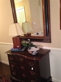 Three-drawer chest; Asian style lamp; large mirror