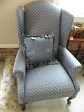 Blue, newly upholstered wing chair