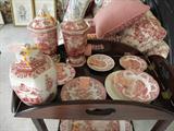 Lots of red and white transfer ware including Johnson Bros. and Staffordshire.