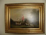Large oil painting in gold frame of hunt scene.  Excellent condition