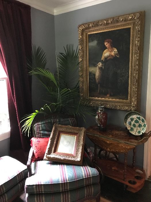 Oil painting with hand carved wooden frame,  Hickory White chair and ottoman,  Italian tea cart,  cloisonné, Boucher restrike 