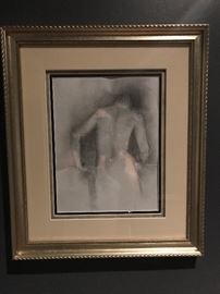 Framed male pencil etching 