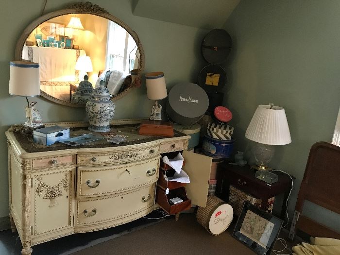 Ladies dresser, mirror, and a antique collection of hat boxes
