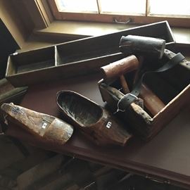  Antique cobblers  tools and a wooden dutch shoe 