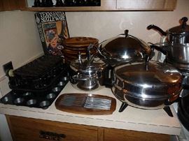 CAST IRON, WOK, ELECTRIC SKILLET, KNIFE SET, WOOD PLATES