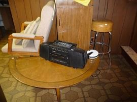 HALF MOON WOOD TABLE, STOOL