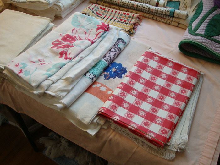 Table linens, checkered oil cloth card table cover