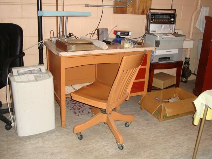 Desk and office chair, industrial desk lamp, Epson printer, retro Midland portable radio
