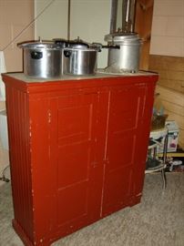 Painted wooden cabinet, pressure cookers