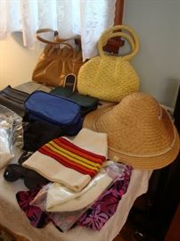 Vintage handbags and hats including Wolberg Original Design woven bag (Japan) and HRM bag with original tag