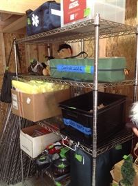 Camping gear, sleeping bags, safety blankets and metal shelving